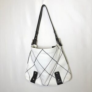 Sophia Visconti White Pebbled Leather Diamond Black Stitch Hobo Shoulder Bag
